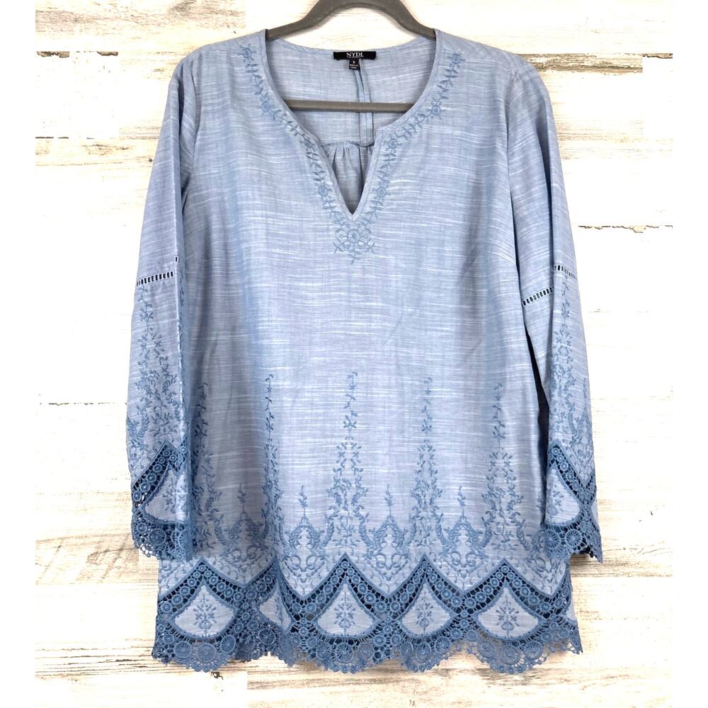 NYDJ Womens S Blue Lace Embroidered Oversized Boho Cotton Blouse NEW